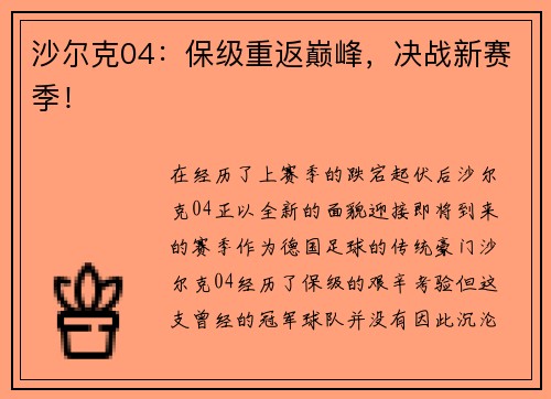 沙尔克04：保级重返巅峰，决战新赛季！